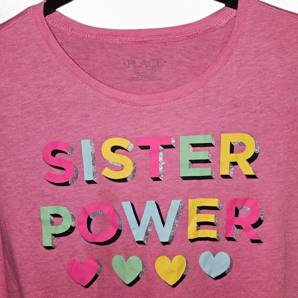 Children's Place Graphic Tee Girls Size 14 Pink Fair Sister Power Long Sleeve